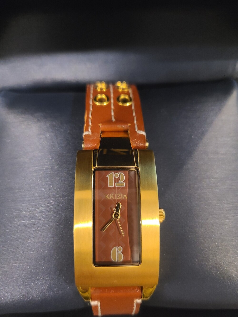 Krizia Gold-Tone Rectangular Watch with Brown Leather Strap
